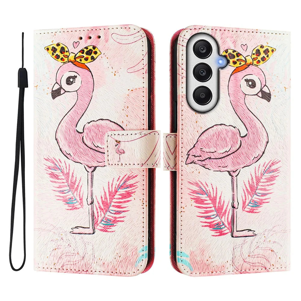 For Samsung Galaxy A14 4G / Galaxy A14 5G Case Pattern Printing Wallet Phone Cover with Strap - Flamingo - 3