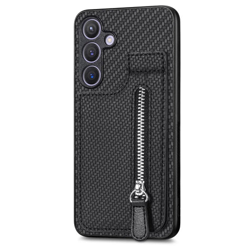 For Samsung Galaxy S25 Case Leather Phone Back Cover with Zipper Card Holder Kickstand - Black - 1