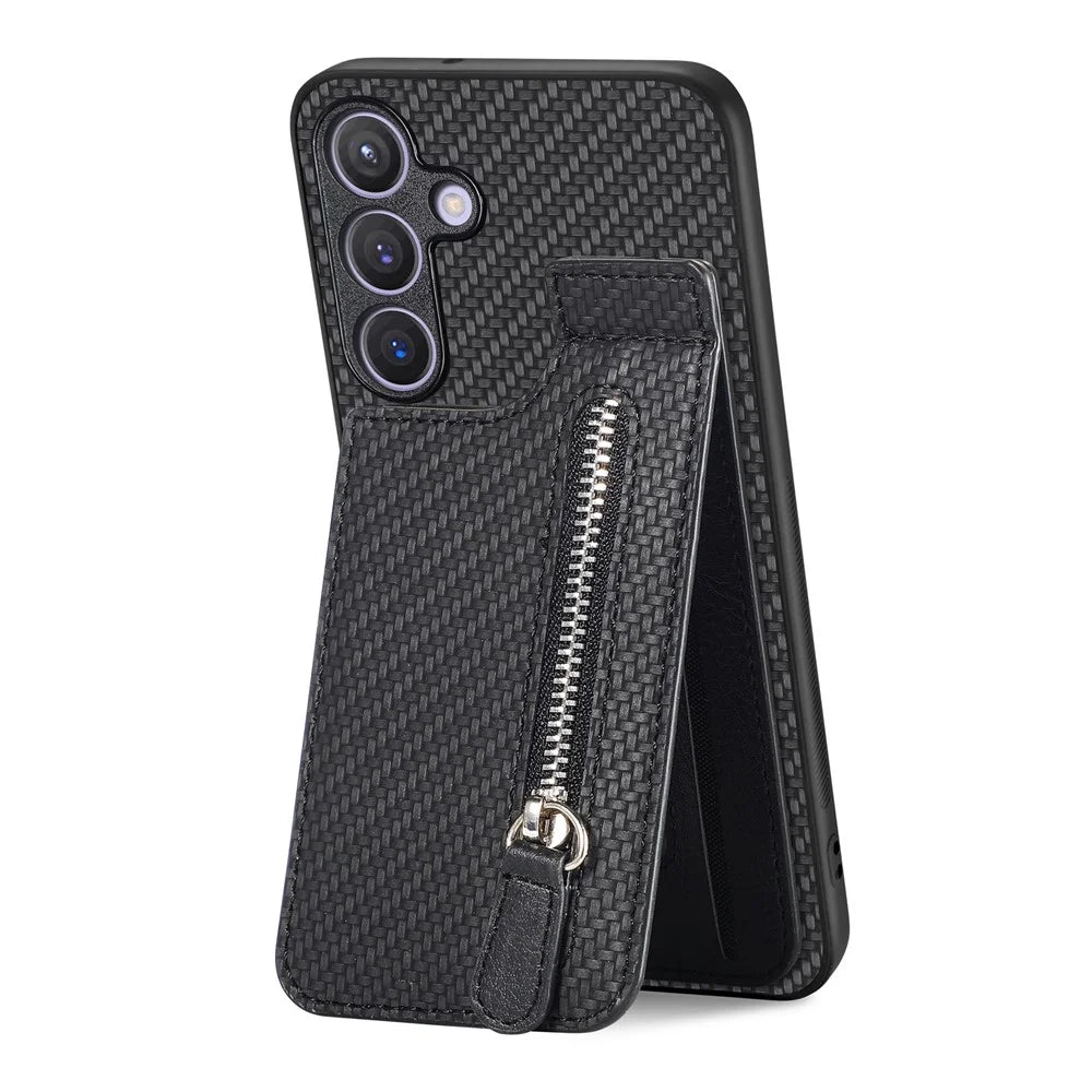 For Samsung Galaxy S25 Case Leather Phone Back Cover with Zipper Card Holder Kickstand - Black - 2