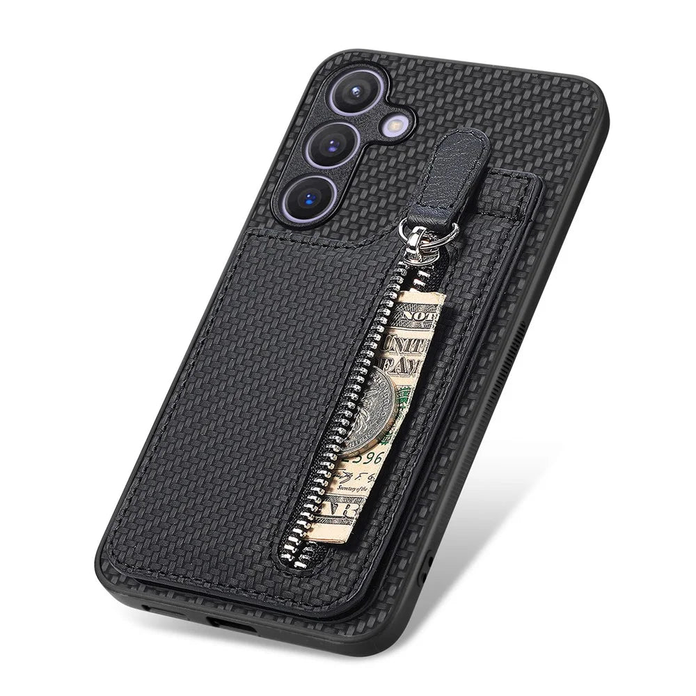 For Samsung Galaxy S25 Case Leather Phone Back Cover with Zipper Card Holder Kickstand - Black - 4
