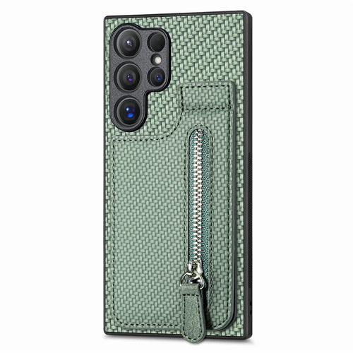 For Samsung Galaxy S25 Ultra Case Leather Phone Back Cover with Zipper Card Holder Kickstand - Green - 1