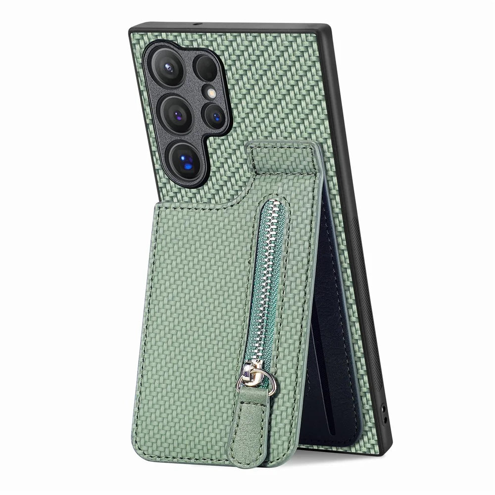 For Samsung Galaxy S25 Ultra Case Leather Phone Back Cover with Zipper Card Holder Kickstand - Green - 2