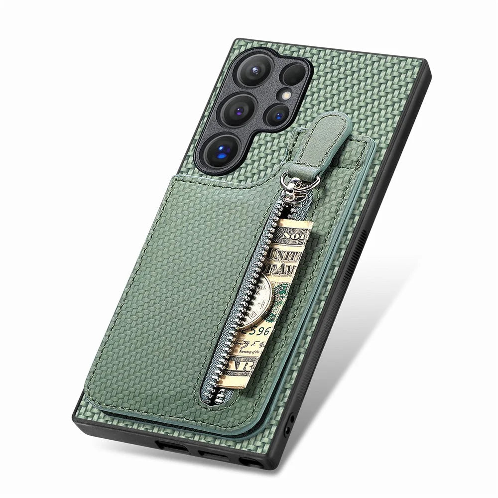 For Samsung Galaxy S25 Ultra Case Leather Phone Back Cover with Zipper Card Holder Kickstand - Green - 4