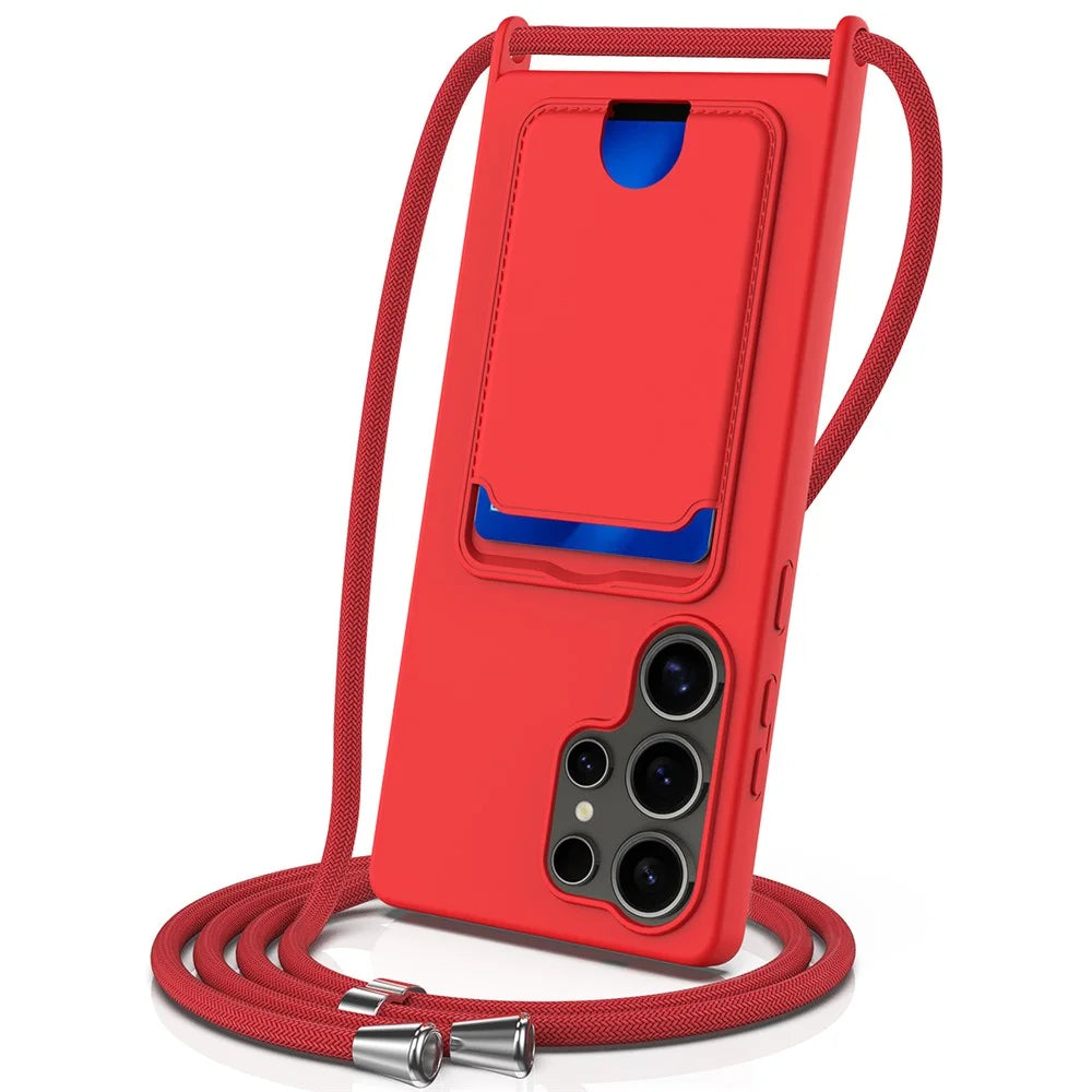 For Samsung Galaxy S25 Ultra Case Liquid Silicone Card Holder Back Phone Cover with Lanyard - Red - 1