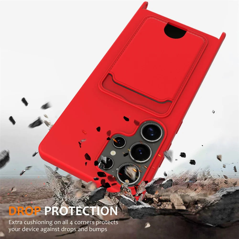 For Samsung Galaxy S25 Ultra Case Liquid Silicone Card Holder Back Phone Cover with Lanyard - Red - 3