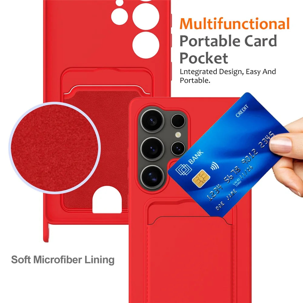For Samsung Galaxy S25 Ultra Case Liquid Silicone Card Holder Back Phone Cover with Lanyard - Red - 5