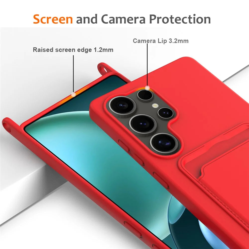 For Samsung Galaxy S25 Ultra Case Liquid Silicone Card Holder Back Phone Cover with Lanyard - Red - 6