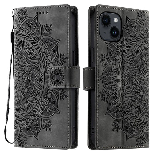 Style 018 For iPhone 13 Case Imprinted Totem Skin Feel Wallet Leather Phone Cover - Grey - 1