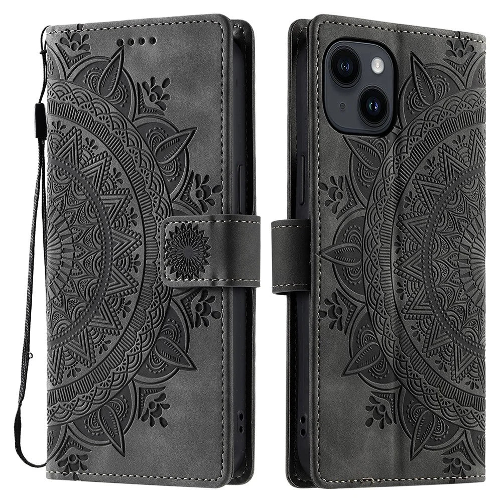 Style 018 For iPhone 13 Case Imprinted Totem Skin Feel Wallet Leather Phone Cover - Grey - 1
