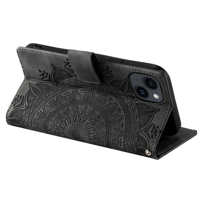 Style 018 For iPhone 13 Case Imprinted Totem Skin Feel Wallet Leather Phone Cover - Grey - 4