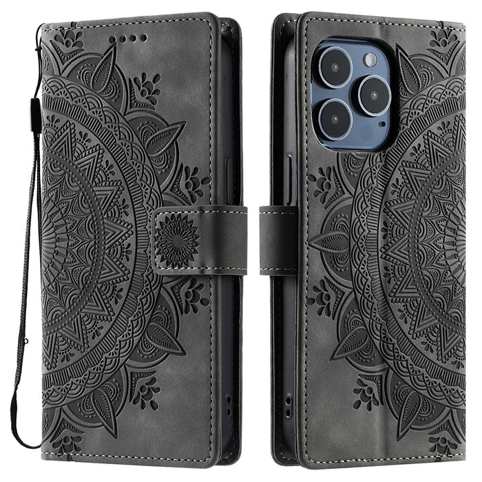 Style 018 For iPhone 13 Pro Max Case Imprinted Totem Skin Feel Wallet Leather Phone Cover - Grey - 1