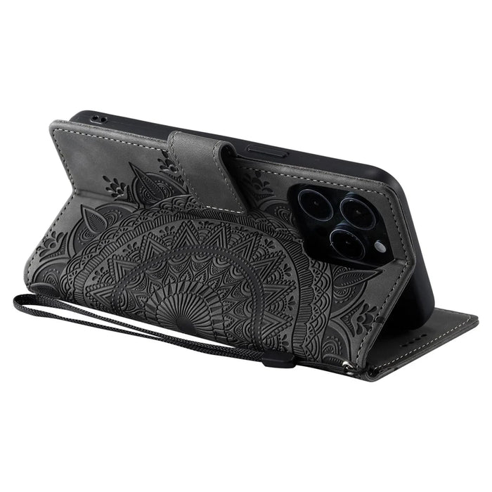 Style 018 For iPhone 14 Pro Case Imprinted Totem Skin Feel Wallet Leather Phone Cover - Grey - 4