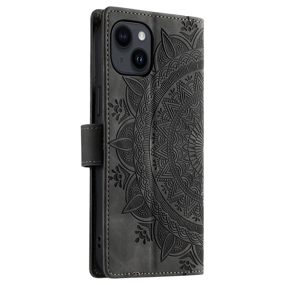Style 018 For iPhone 15 Case Imprinted Totem Skin Feel Wallet Leather Phone Cover - Grey - 7