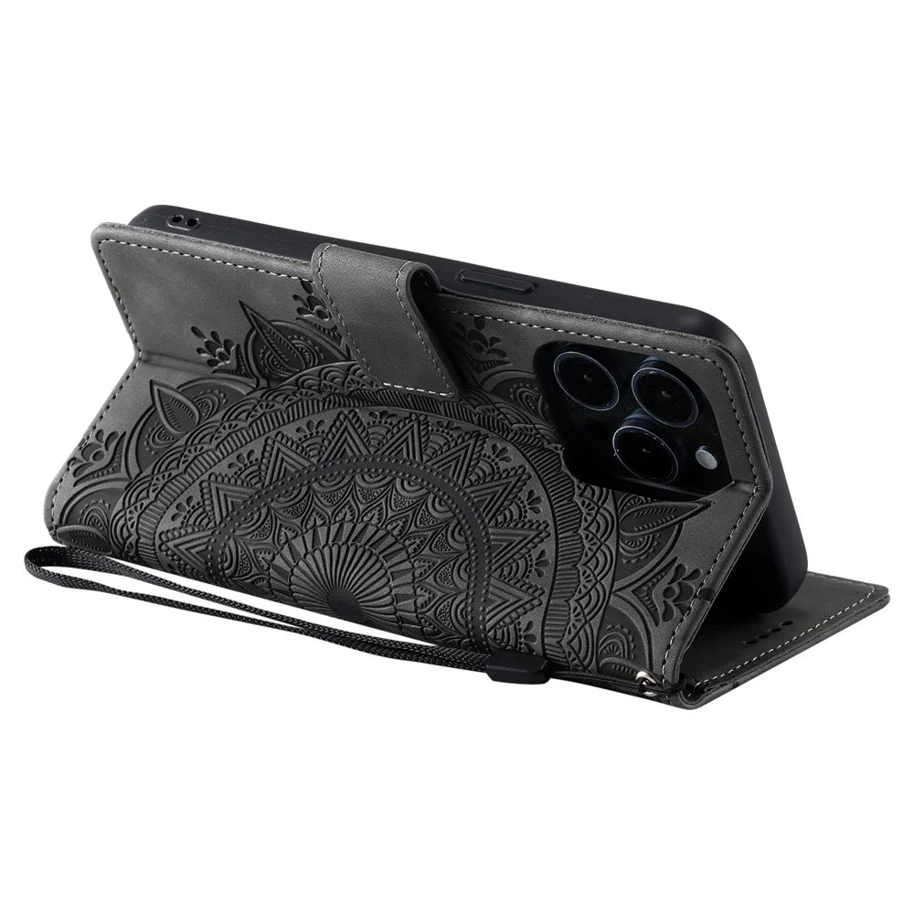 Style 018 For iPhone 15 Pro Case Imprinted Totem Skin Feel Wallet Leather Phone Cover - Grey - 4