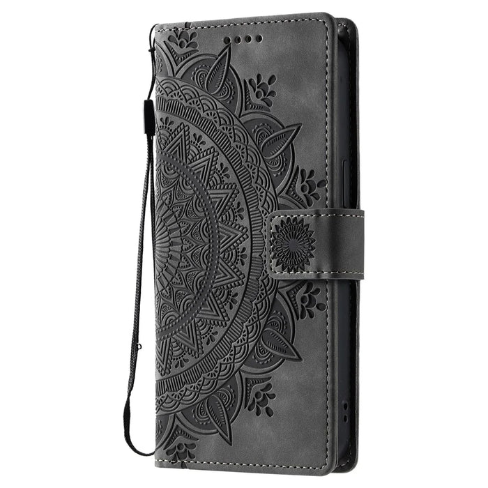 Style 018 For iPhone 15 Pro Max Case Imprinted Totem Skin Feel Wallet Leather Phone Cover - Grey - 6
