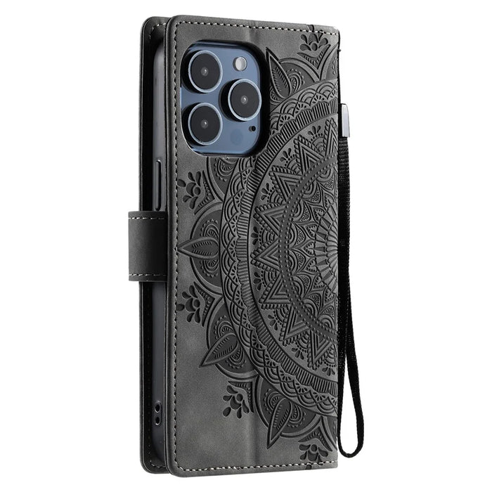 Style 018 For iPhone 15 Pro Max Case Imprinted Totem Skin Feel Wallet Leather Phone Cover - Grey - 7