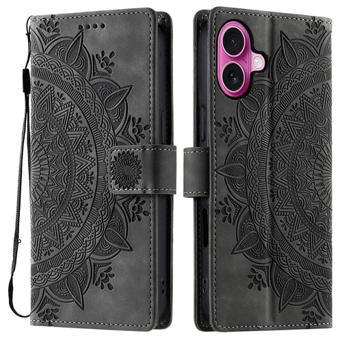 Style 018 For iPhone 16 Case Imprinted Totem Skin Feel Wallet Leather Phone Cover - Grey - 1