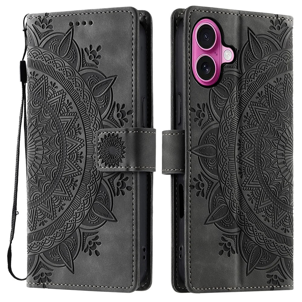 Style 018 For iPhone 16 Case Imprinted Totem Skin Feel Wallet Leather Phone Cover - Grey - 1