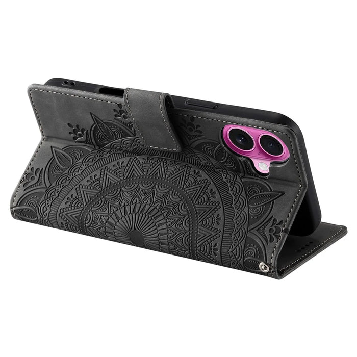 Style 018 For iPhone 16 Case Imprinted Totem Skin Feel Wallet Leather Phone Cover - Grey - 4