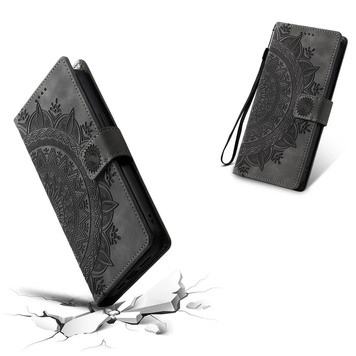 Style 018 For iPhone 16 Case Imprinted Totem Skin Feel Wallet Leather Phone Cover - Grey - 5