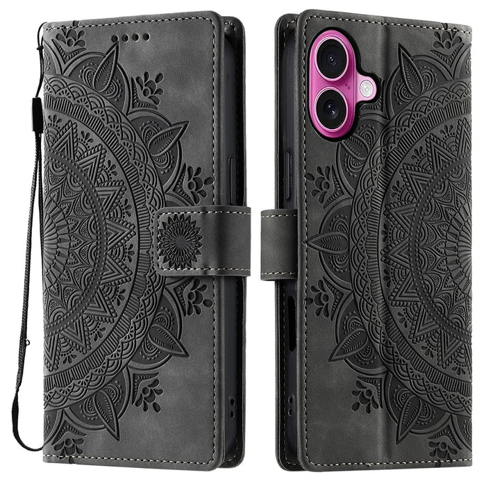 Style 018 For iPhone 16 Plus Case Imprinted Totem Skin Feel Wallet Leather Phone Cover - Grey - 1