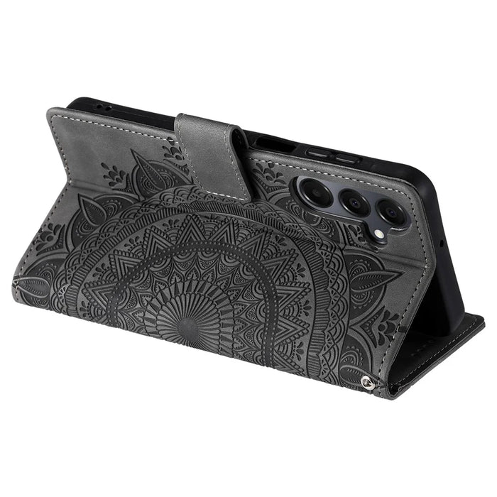 Style 018 For Samsung Galaxy S24 FE Case Imprinted Totem Skin Feel Wallet Leather Phone Cover - Grey - 3