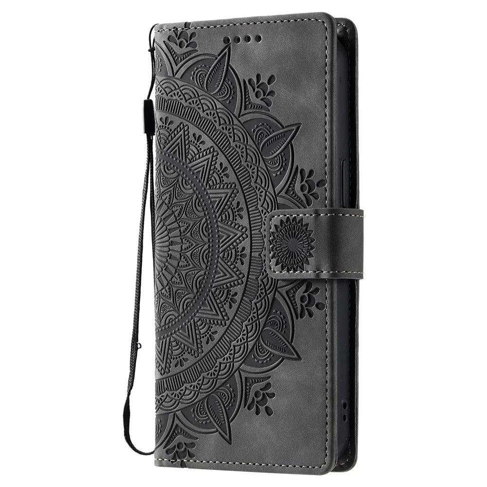 Style 018 For Samsung Galaxy S24+ Case Imprinted Totem Skin Feel Wallet Leather Phone Cover - Grey - 7
