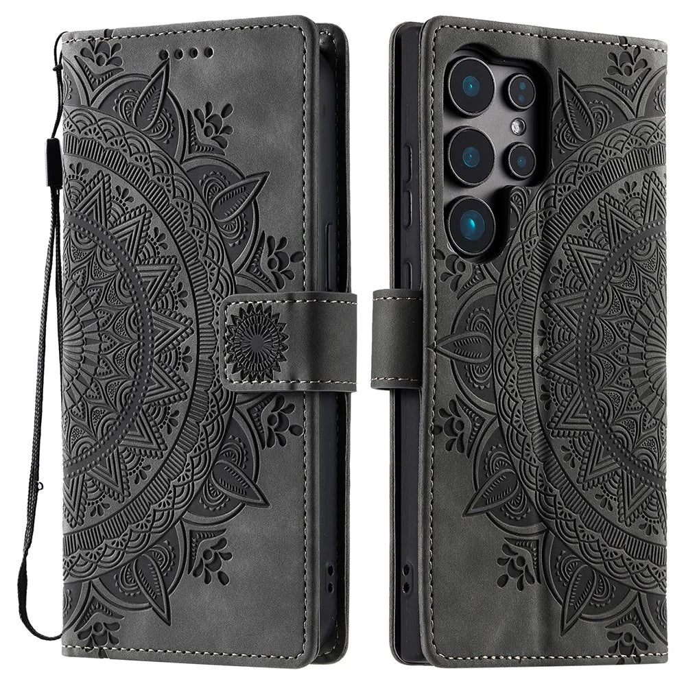 Style 018 For Samsung Galaxy S24 Ultra Case Imprinted Totem Skin Feel Wallet Leather Phone Cover - Grey - 1