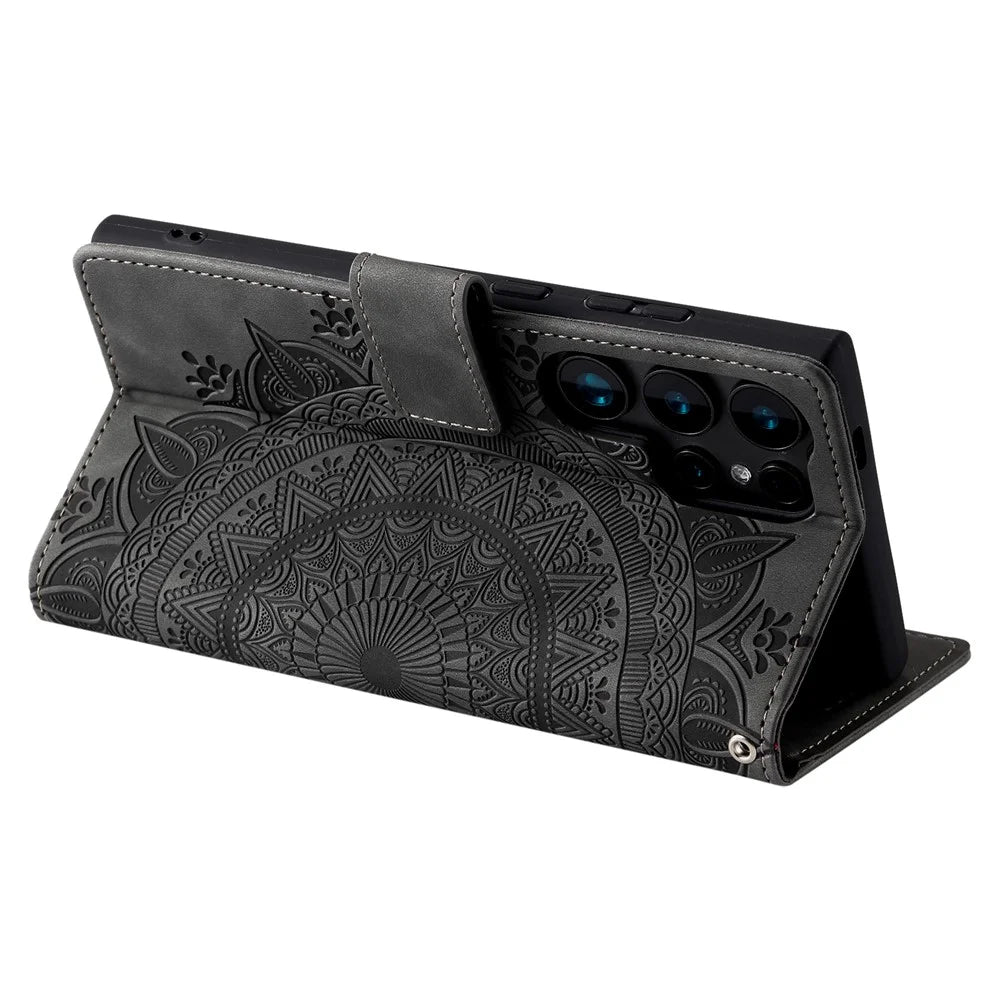 Style 018 For Samsung Galaxy S24 Ultra Case Imprinted Totem Skin Feel Wallet Leather Phone Cover - Grey - 4