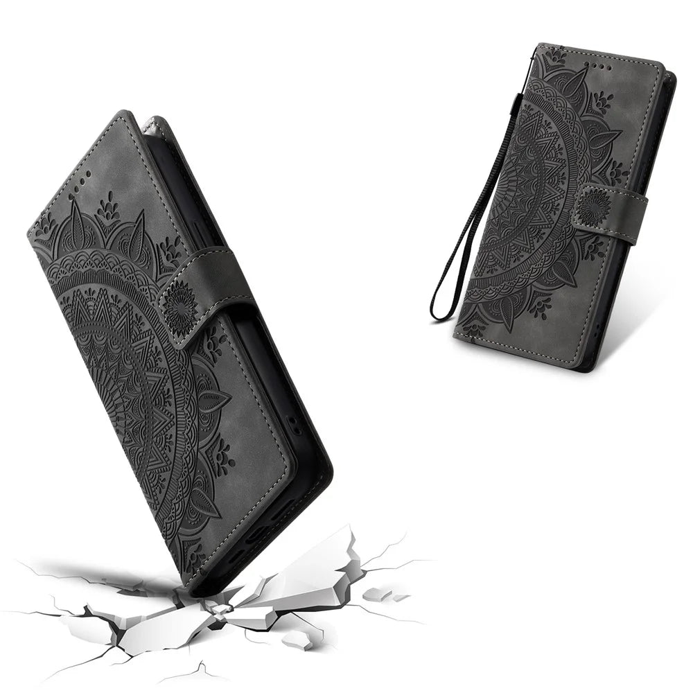 Style 018 For Samsung Galaxy S24 Ultra Case Imprinted Totem Skin Feel Wallet Leather Phone Cover - Grey - 5