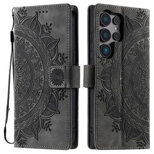 Style 018 For Samsung Galaxy S25 Ultra Case Imprinted Totem Skin Feel Wallet Leather Phone Cover - Grey - 1