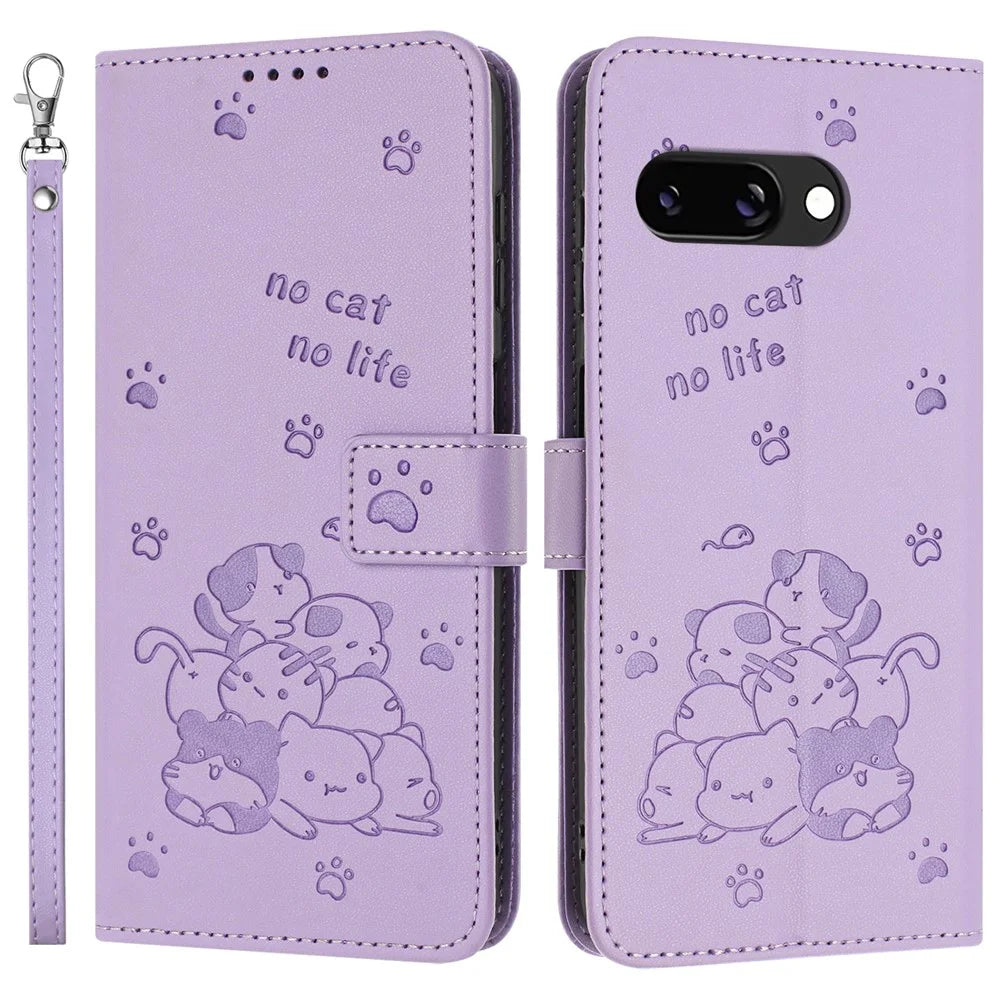 For Google Pixel 9a Case with Strap Cats Imprint Leather Wallet Phone Cover - Purple - 1