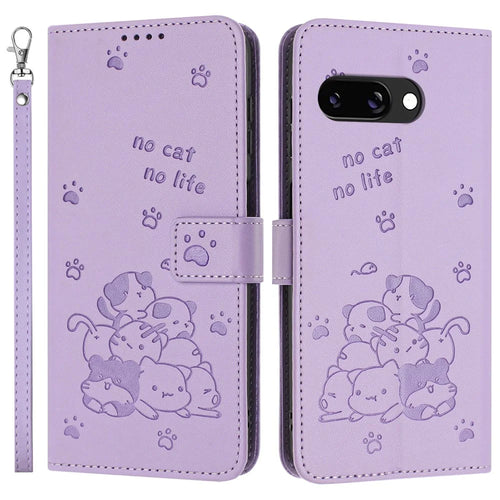 For Google Pixel 9a Case with Strap Cats Imprint Leather Wallet Phone Cover - Purple - 1