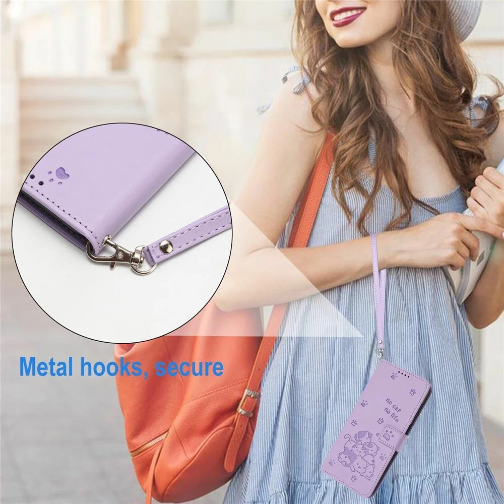 For Google Pixel 9a Case with Strap Cats Imprint Leather Wallet Phone Cover - Purple - 5
