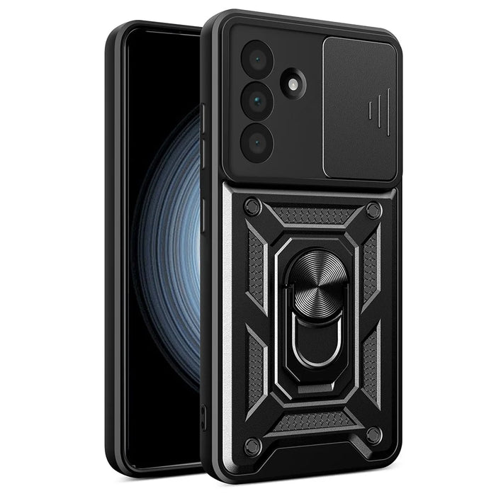 For Samsung Galaxy A56 5G Case with Slide Camera Lid PC+TPU Kickstand Phone Cover - Black - 1