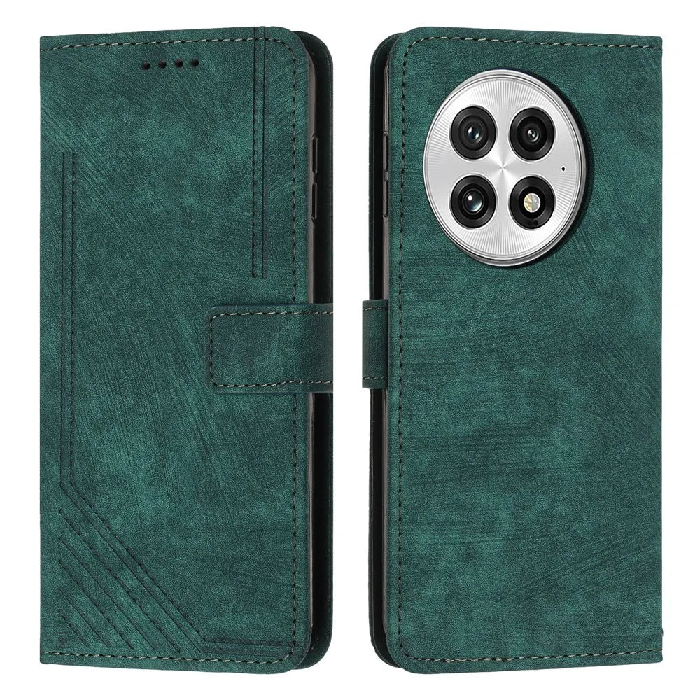 For OnePlus 13 Case Imprinted Lines Leather Phone Cover Folding Stand - Green - 1
