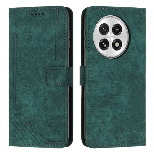 For OnePlus 13 Case Imprinted Lines Leather Phone Cover Folding Stand - Green - 1