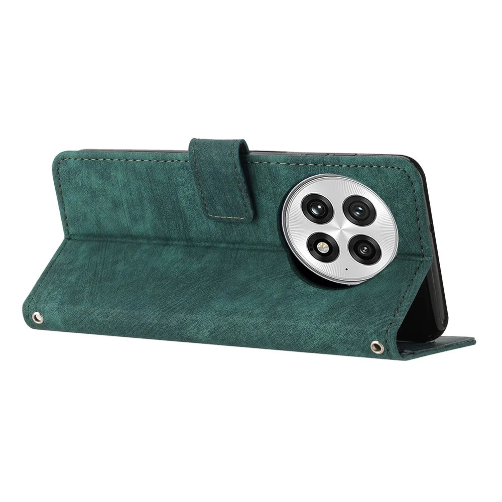 For OnePlus 13 Case Imprinted Lines Leather Phone Cover Folding Stand - Green - 3