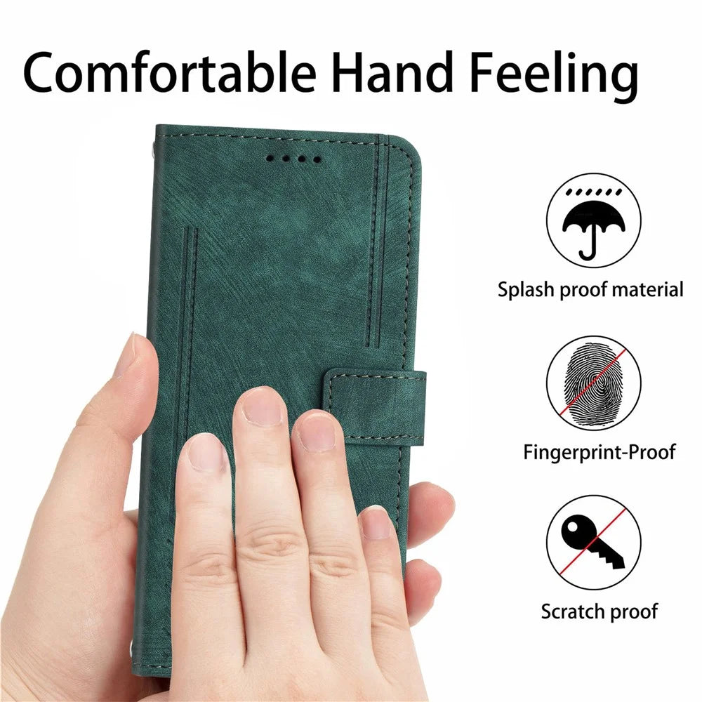 For OnePlus 13 Case Imprinted Lines Leather Phone Cover Folding Stand - Green - 6