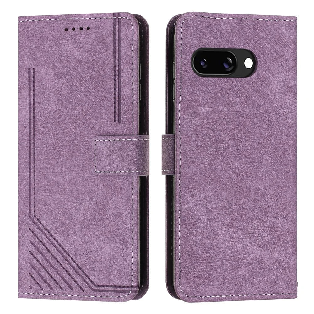 For Google Pixel 9a Case Imprinted Lines Leather Phone Cover Folding Stand - Purple - 1