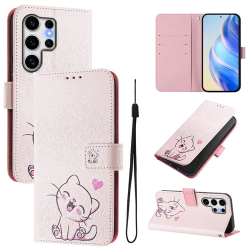 For Samsung Galaxy S25 Ultra Case Pattern Printing Wallet Phone Cover with Strap - Cute Cat - 1