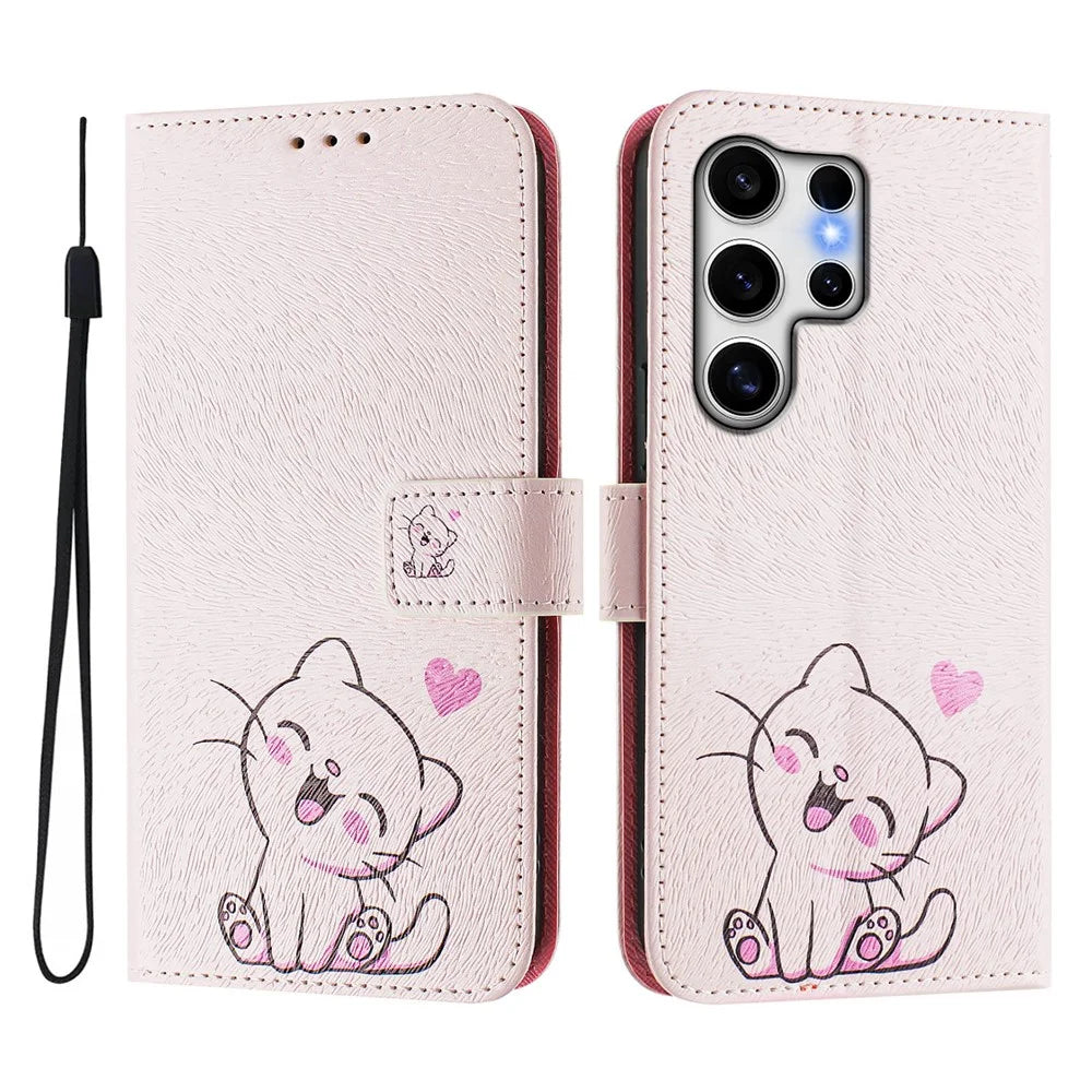 For Samsung Galaxy S25 Ultra Case Pattern Printing Wallet Phone Cover with Strap - Cute Cat - 2