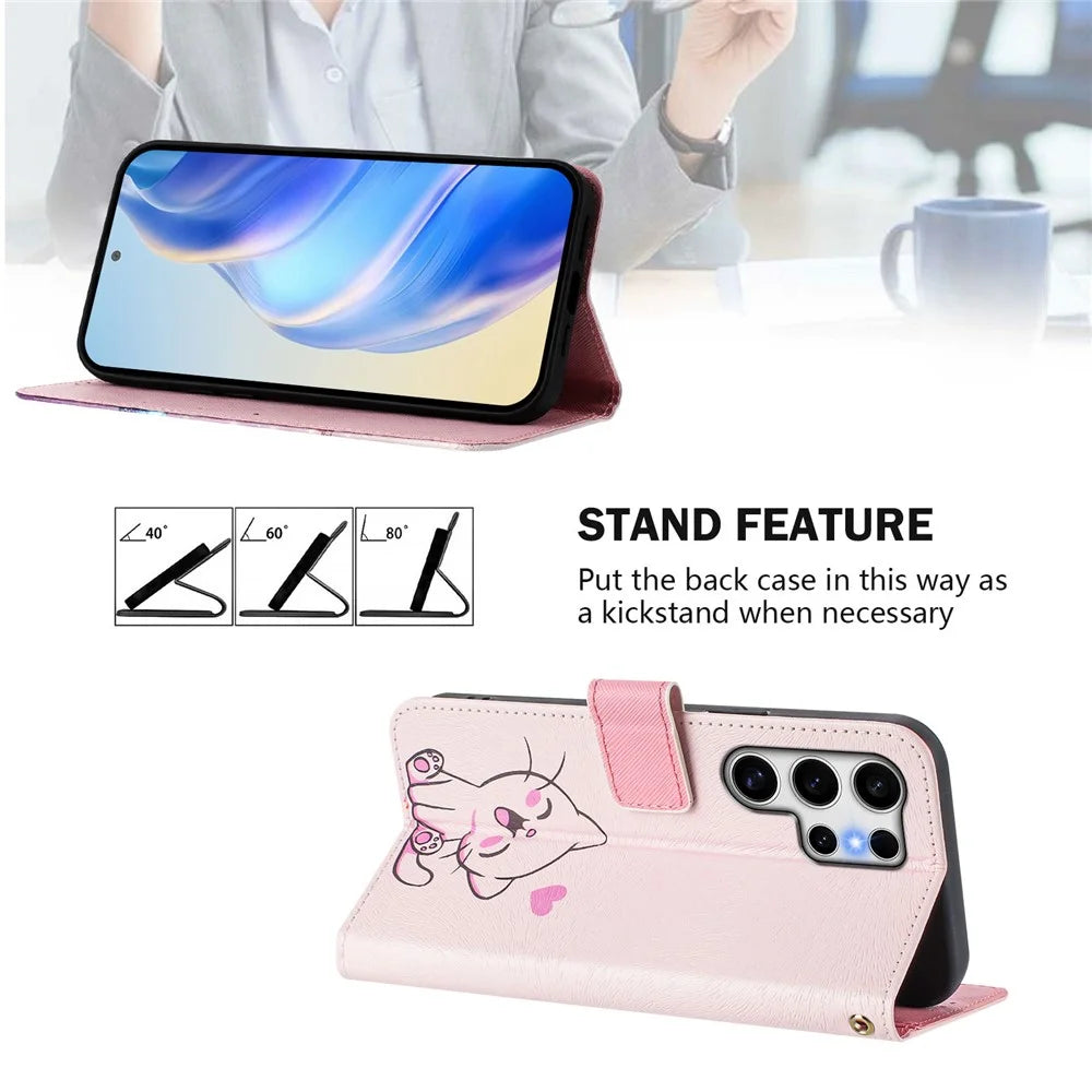 For Samsung Galaxy S25 Ultra Case Pattern Printing Wallet Phone Cover with Strap - Cute Cat - 3