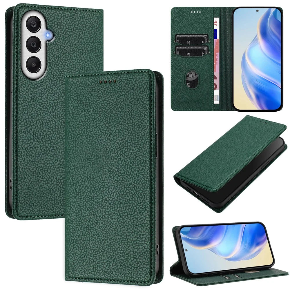 For Samsung Galaxy A14 4G / Galaxy A14 5G Wallet Case RFID Blocking Litchi Texture Leather Mobile Cover - Dark Green - 1
