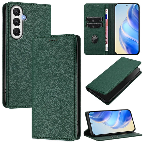 For Samsung Galaxy A14 4G / Galaxy A14 5G Wallet Case RFID Blocking Litchi Texture Leather Mobile Cover - Dark Green - 1