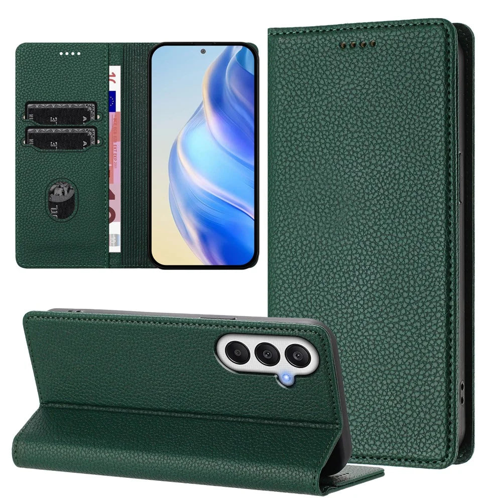 For Samsung Galaxy A14 4G / Galaxy A14 5G Wallet Case RFID Blocking Litchi Texture Leather Mobile Cover - Dark Green - 4