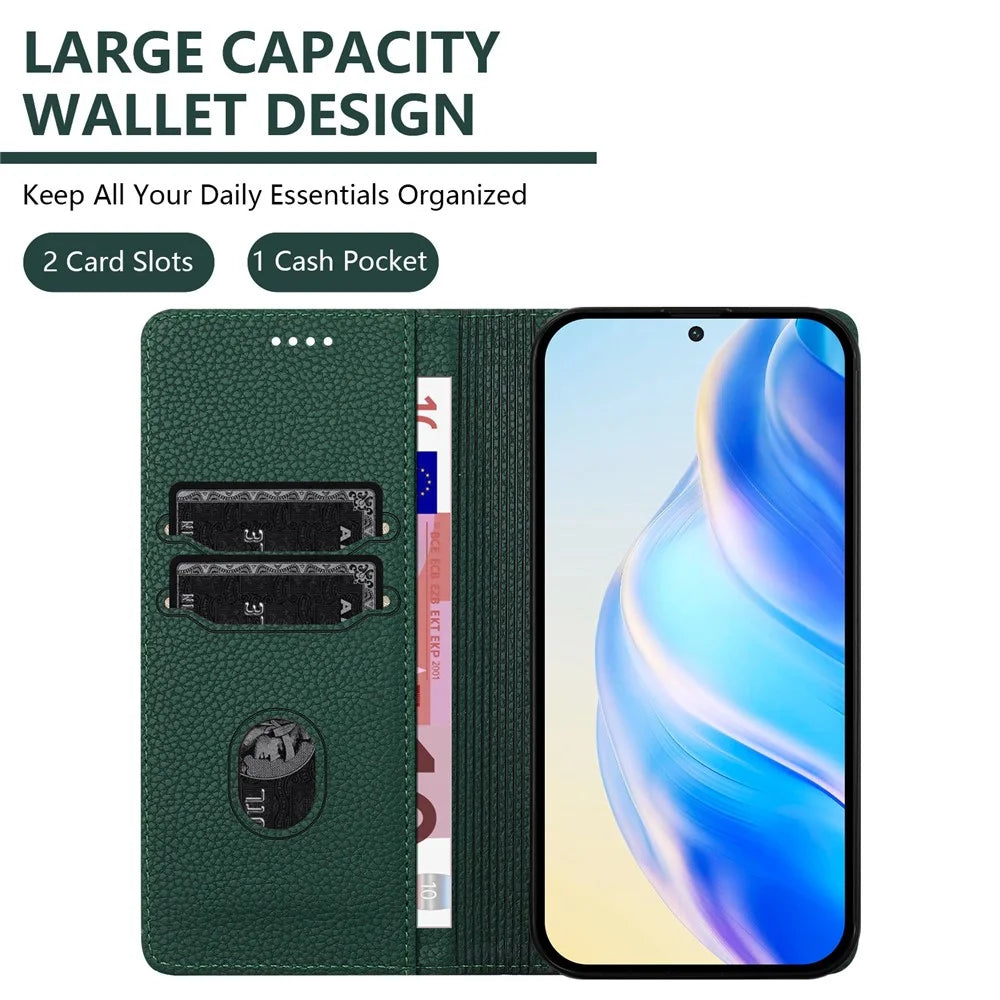 For Samsung Galaxy A14 4G / Galaxy A14 5G Wallet Case RFID Blocking Litchi Texture Leather Mobile Cover - Dark Green - 5