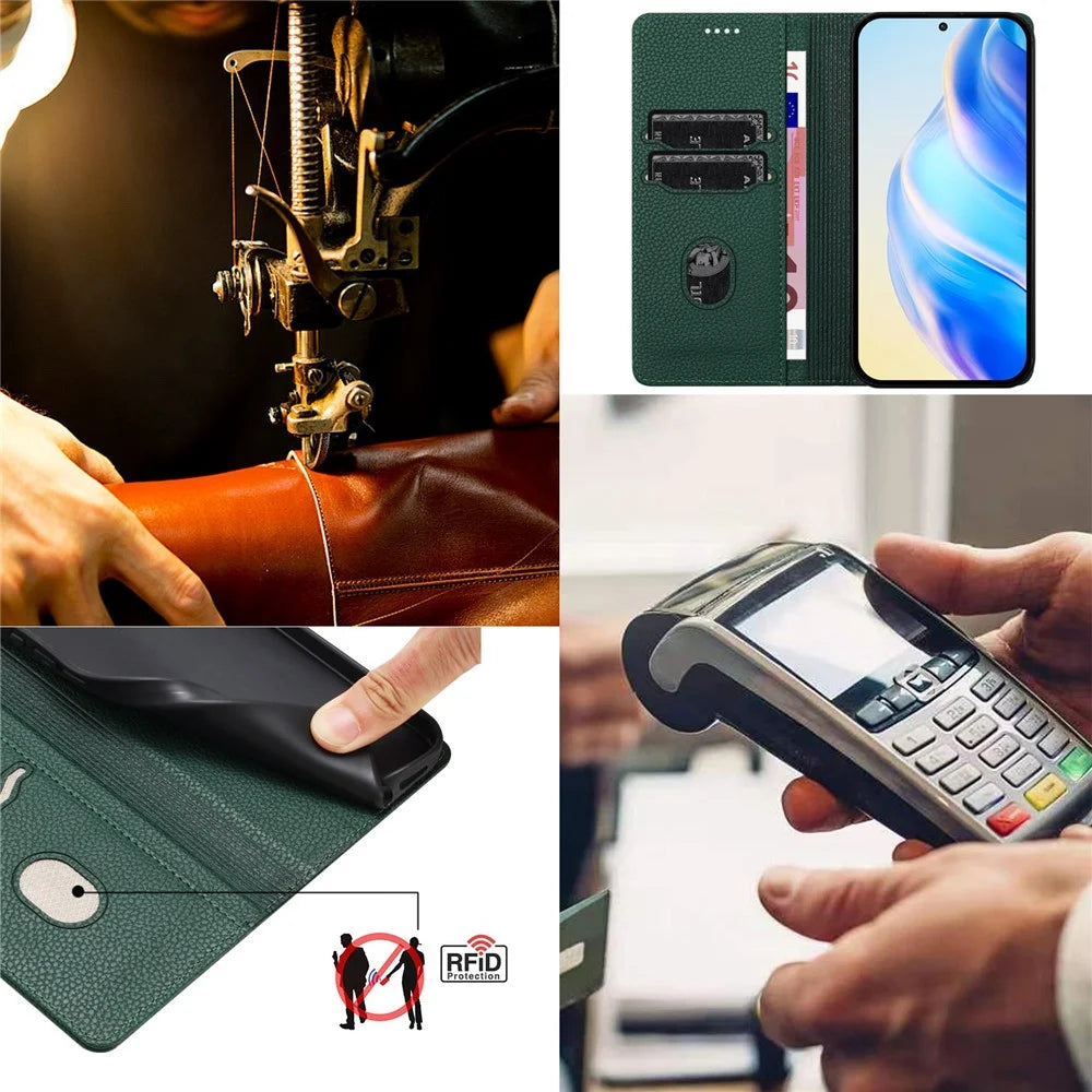 For Samsung Galaxy A14 4G / Galaxy A14 5G Wallet Case RFID Blocking Litchi Texture Leather Mobile Cover - Dark Green - 7