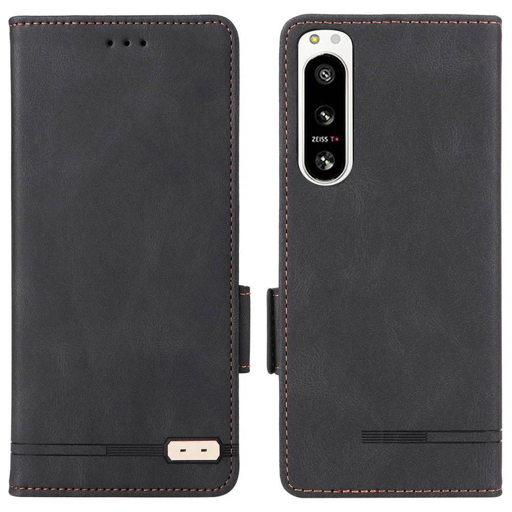 Hardware Decor Phone Case for Sony Xperia 5 IV 5G, Full Protection Dual Magnetic Clasp PU Leather Wallet Stand Phone Cover - Black - 1