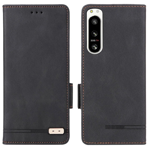 Hardware Decor Phone Case for Sony Xperia 5 IV 5G, Full Protection Dual Magnetic Clasp PU Leather Wallet Stand Phone Cover - Black - 1